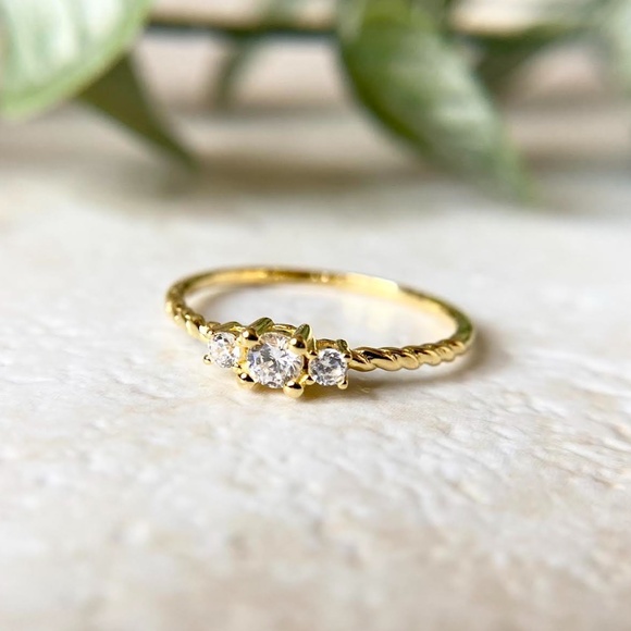 Dainty 14k Gold Plated Ring 925 Sterling Silver CZ Minimalist Statement Ring - Picture 5 of 5